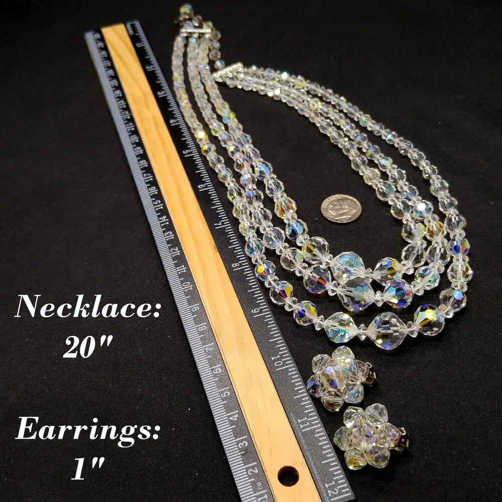 Vintage AB Crystal Necklace Set 1950s Triple Strand Earrings
